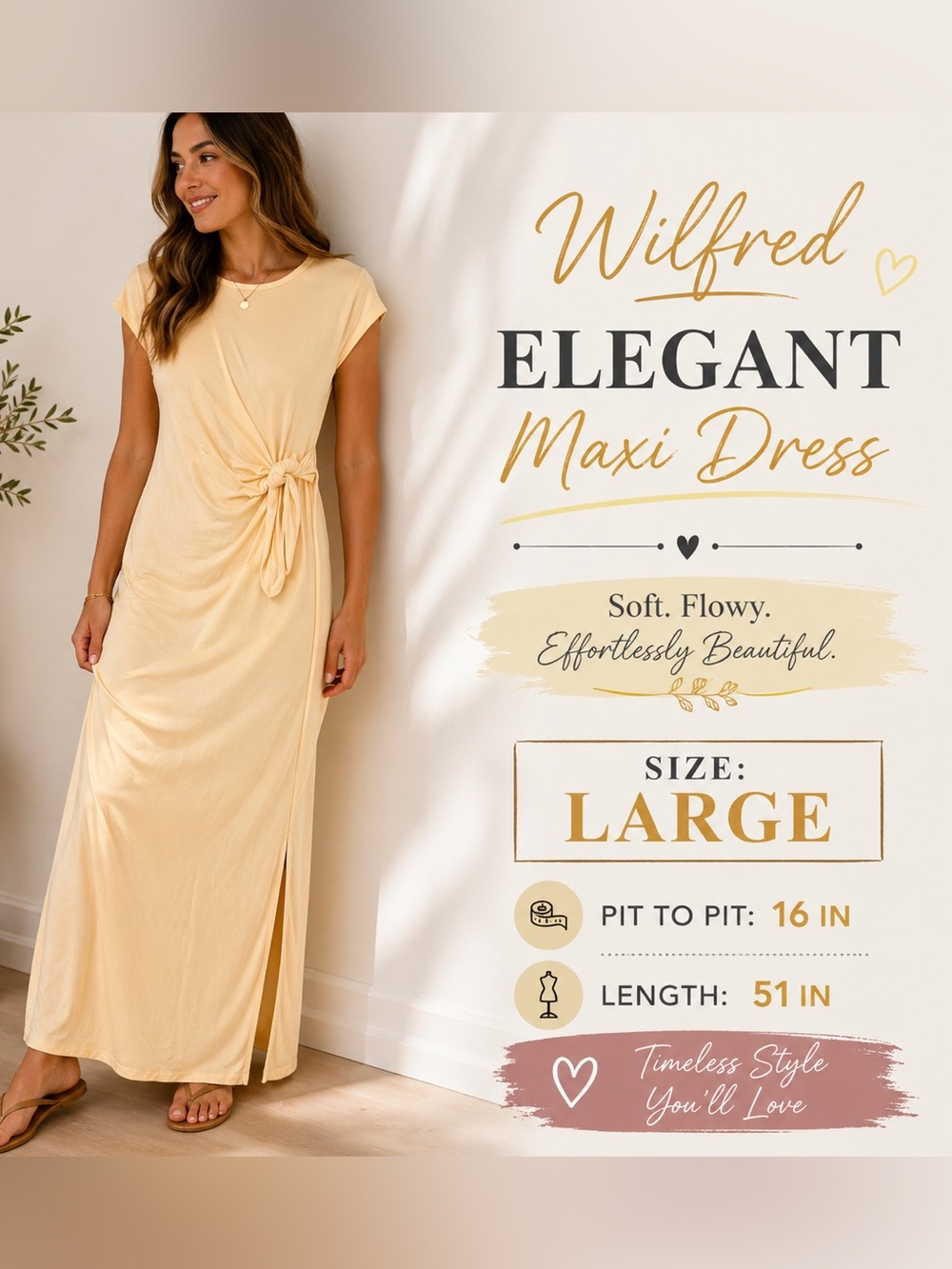 Wilfred Elegant yellow Cream Maxi Dress LARGE pit to pit 16in length 51in
